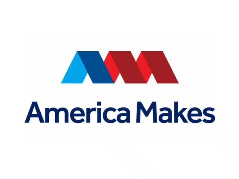America Makes logo featuring stylized red and blue 'AM' above organization name for U.S. additive manufacturing innovation institute.