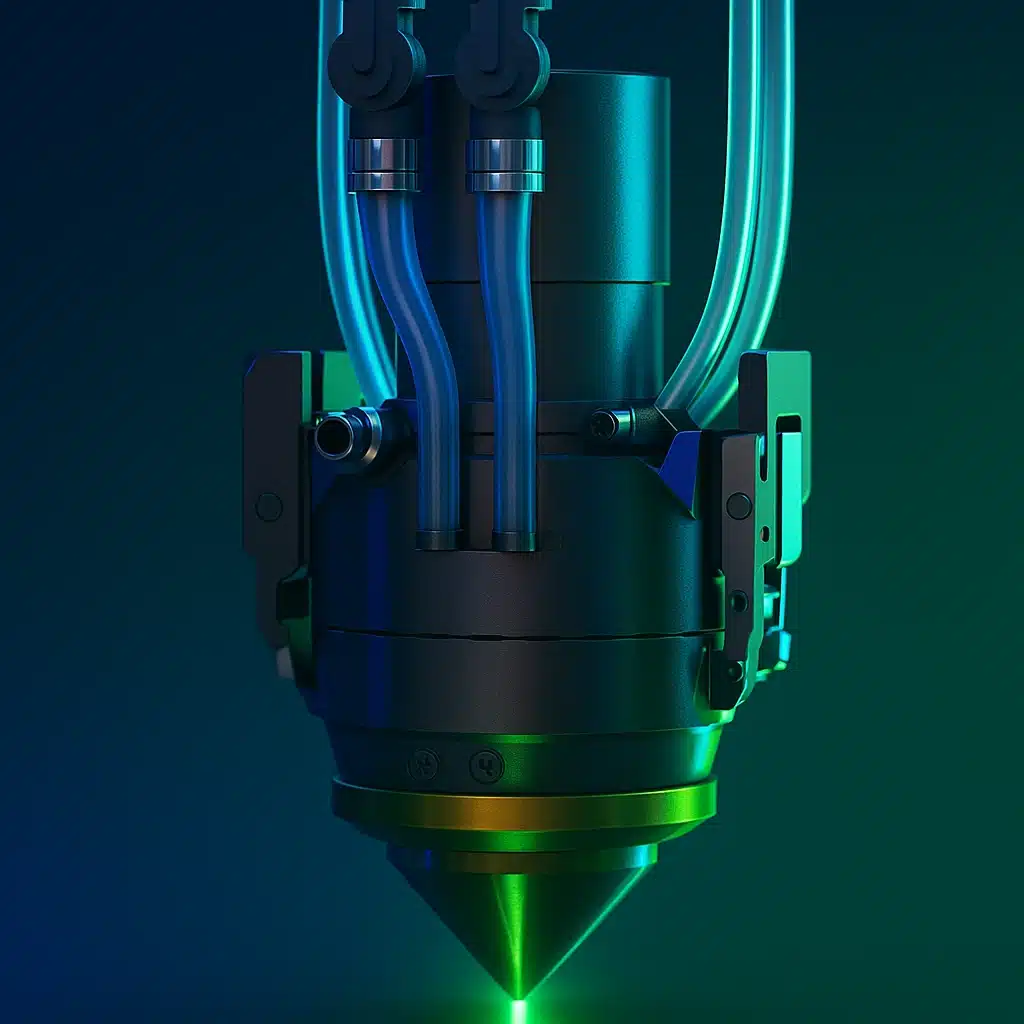 Close-up of a futuristic laser tool head with cooling tubes and precision components, emitting a focused green beam in a dark, high-tech environment. AX Deposition Head