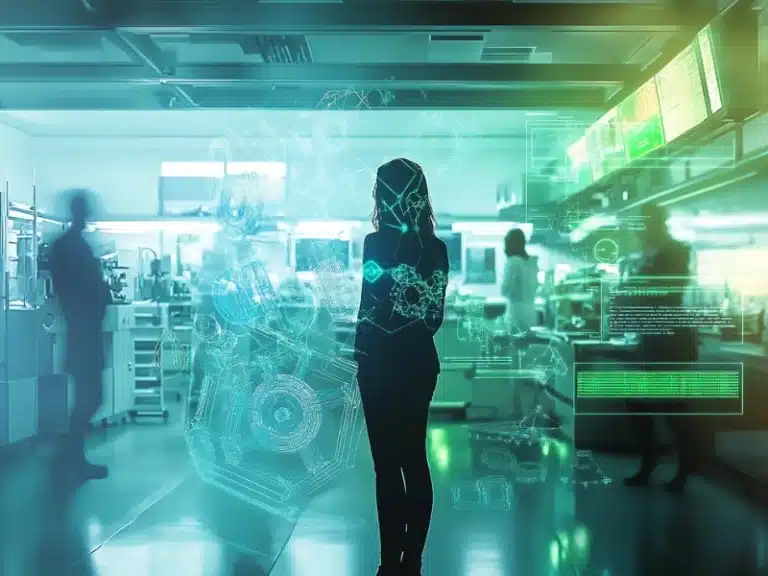 Female engineer in a smart manufacturing lab analyzing holographic schematics, highlighting advanced manufacturing, Industry 4.0 innovation, and digital twin technology.