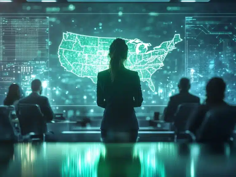 Female leader analyzing digital U.S. map in high-tech command center, representing national strategy, cybersecurity operations, and data-driven decision making.