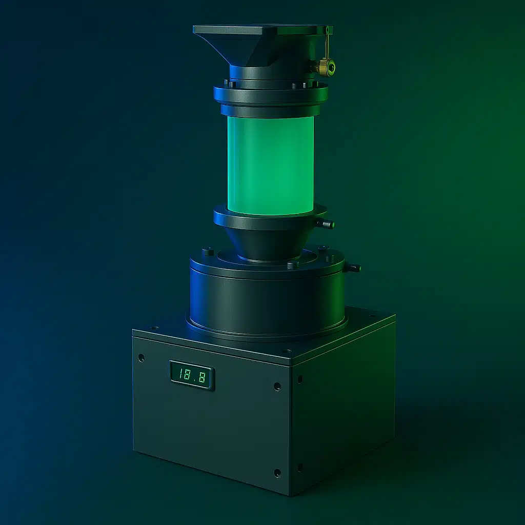 Futuristic cylindrical industrial device with glowing green core and digital display reading “18.8,” standing on a square metallic base under dramatic lighting. Powder Feeder