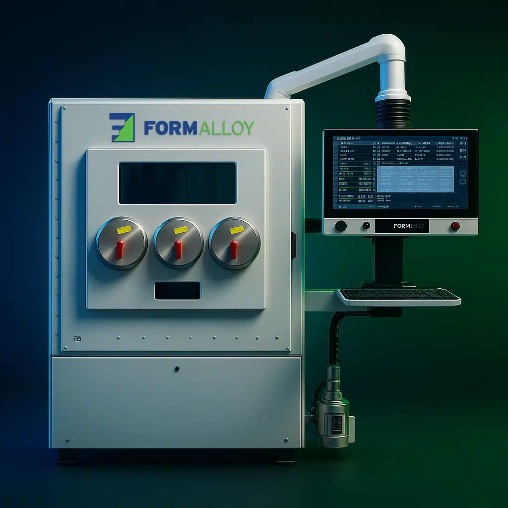 FormAlloy additive manufacturing system with three large control dials and a mounted screen showing software controls and settings.