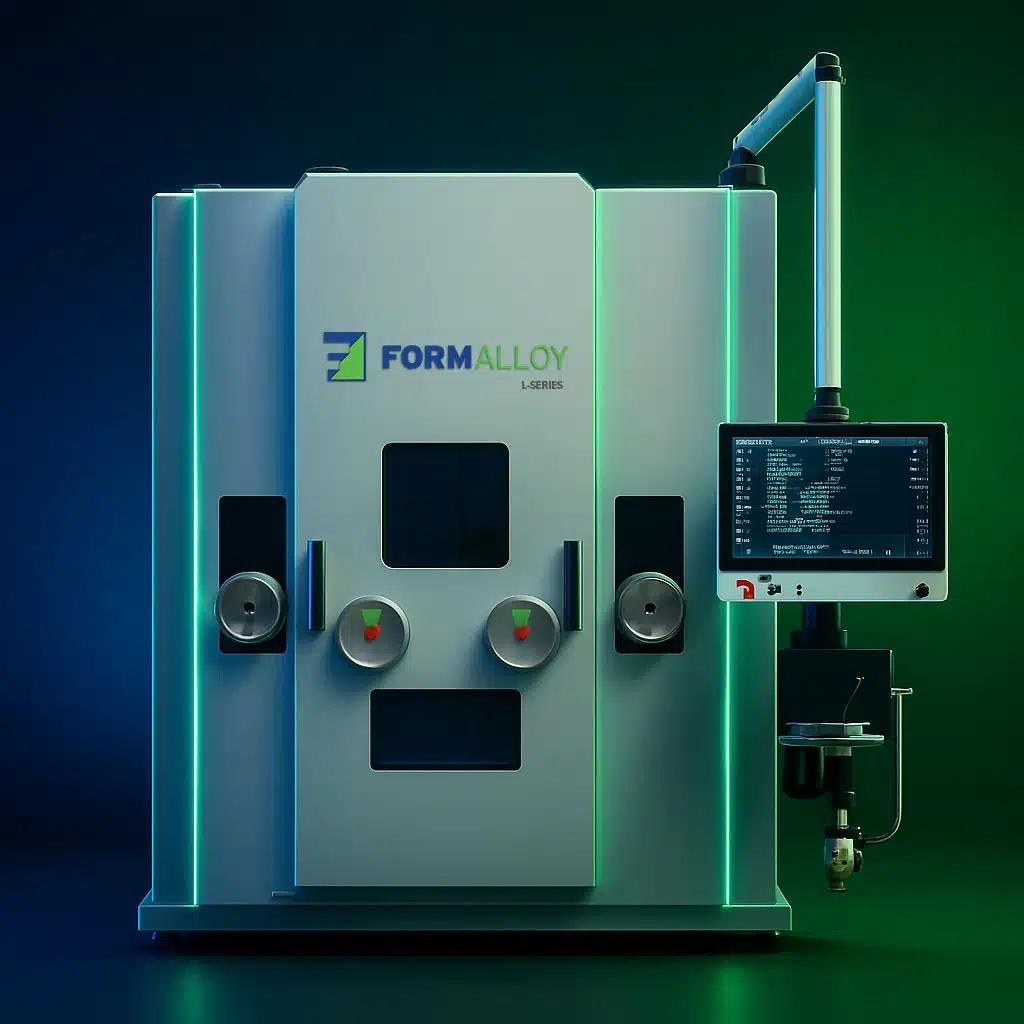 Futuristic rendering of a FormAlloy X5-series machine with illuminated green lines and an attached touchscreen interface displaying system code.
