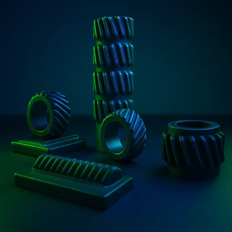 Helical Rack and Pinion System. Assorted industrial gear-like components and textured parts arranged on a dark surface, lit with green-blue ambient lighting for dramatic effect.