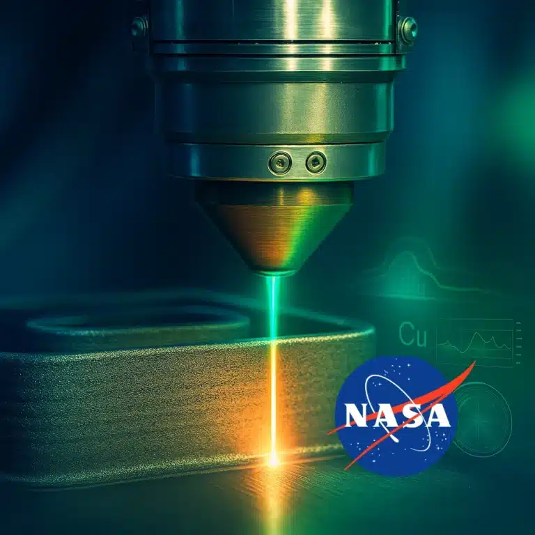 NASA HR-1, The latest generation of A286 and JBK-75 Family. Laser deposition head applying material layer with green beam; glowing analytics showing Cu, Ni, and Fe elements appear beside the build track.