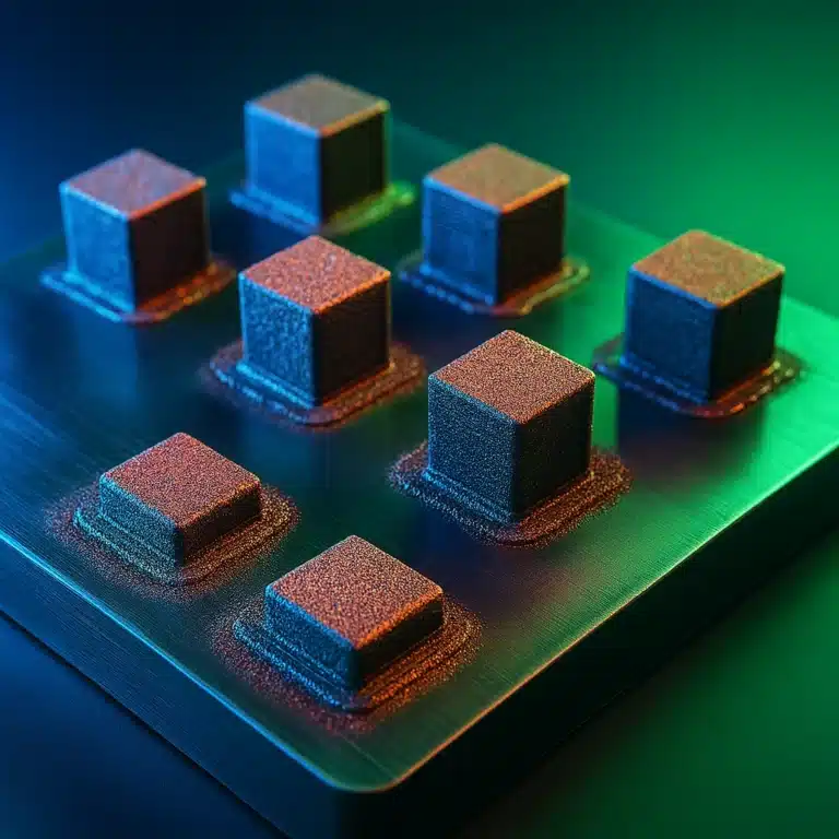 Pure Copper Deposition. Metallic platform with nine textured metal cubes evenly spaced, each with detailed powder layering visible under orange-green lighting.