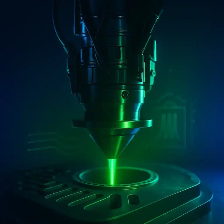Rocket Nozzle and Heat Exchanger. Precision laser tool emitting a concentrated green beam to build or fuse a circular metal component, surrounded by futuristic UI graphics.