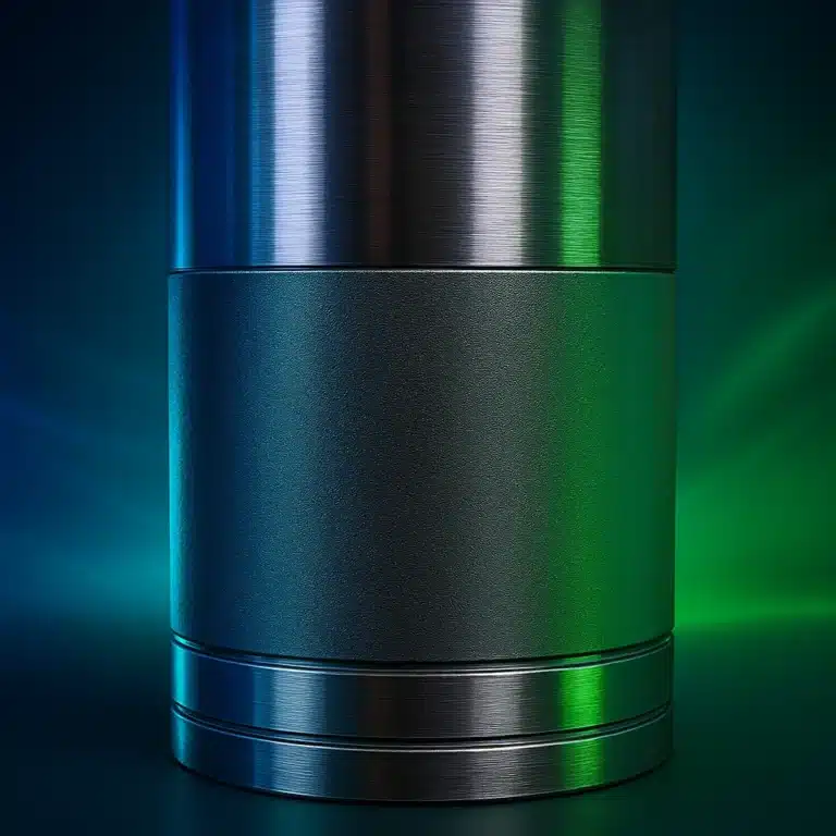 Stellite 6 Depositon. Close-up of a sleek, cylindrical metallic component with a textured middle and brushed steel top and bottom, lit with green and blue gradients.