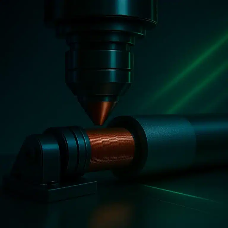 Copper + Inconel Enhanced System. Close-up of a laser cladding or directed energy deposition tool applying a copper coating onto a rotating cylindrical metal shaft, under teal and orange lighting.