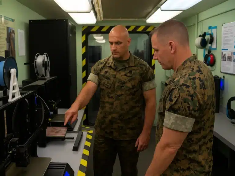 Two military personnel operating 3D printers inside a mobile manufacturing unit during a military exercise, showcasing advanced additive manufacturing technology for defense applications.