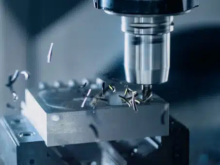 Close-up of CNC machine cutting metal block, showcasing high-precision manufacturing used in advanced metal additive manufacturing applications.