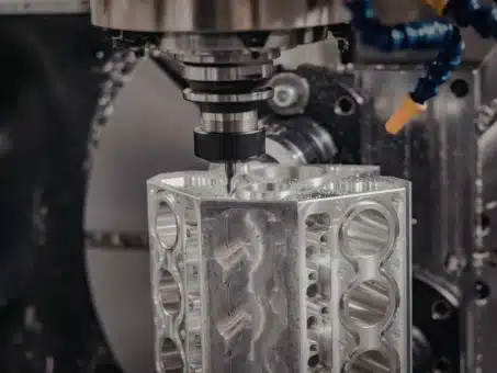 Precision metal milling machine fabricating a complex multi-material part using advanced deposition technology.