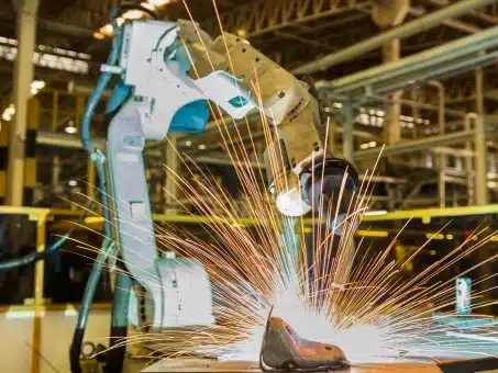 Robotic welding vs manual welding – industrial robotic arm welding metal with bright sparks on a factory floor